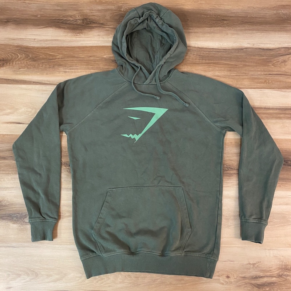Gymshark Hoodie Size S Pullover Graphic Logo Cotton Blend Raglan Green